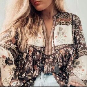 Gypsy Floral Boho Tassel Tie Long Sleeve Blouse